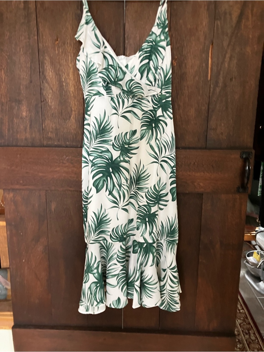 White Midi Slip Dress with Green Tropical Leaf Print